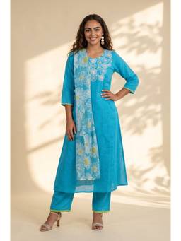 Aurelia - Blue Floral Embroidered Pure Cotton Straight Kurta with Pant and Dupatta