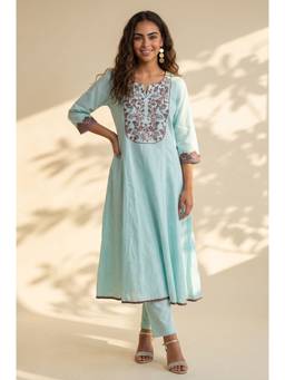 Aurelia - Women's Blue Thread Embroidered Cotton Flax Straight Kurta with Pant