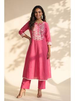 Aurelia - Women's Pink Thread Embroidered Cotton Flax Straight Kurta with Pant