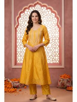 Aurelia - Women's Yellow Embroidered Yarn Dyed Chanderi A-Line Kurta with Pant