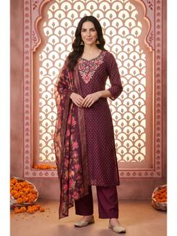 Aurelia - Women's Burgundy Embroidered Chanderi Straight Kurta with Pant and Dupatta