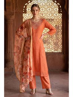 Aurelia - Women's Orange Zari Embroidered Chanderi Straight Kurta with Pant and Dupatta