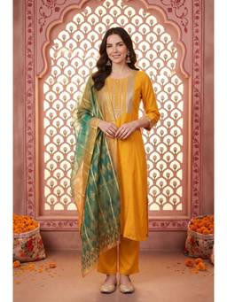 Aurelia - Women's Yellow Embroidered Rayon Straight Kurta with Pant and Dupatta