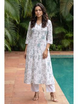 Aurelia - Women's White Floral Printed Pure Cotton A-Line Kurta with Pant