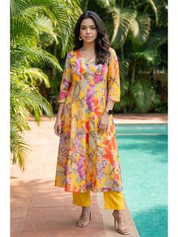 Aurelia - Women's Yellow Floral Printed Pure Cotton Flared Kurta with Pant