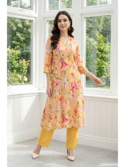Aurelia - Women's Mustard Floral Printed Rayon Straight Kurta with Pant