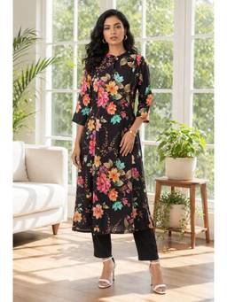 Aurelia - Women's Black Floral Printed Rayon A-Line Kurta with Pant