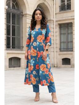 Aurelia - Women's Teal Floral Printed Rayon Straight Kurta with Pant