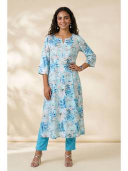 Aurelia - Women's Blue Floral Printed Rayon Straight Kurta with Pant