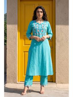 Aurelia - Women's Blue Thread Embroidered Cotton Flax Straight Kurta with Pant