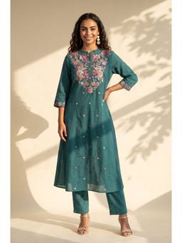Aurelia - Women's Teal Thread Embroidered Pure Cotton Straight Kurta with Pant