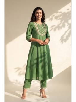 Aurelia - Women's Green Embroidered Pure Cotton Flared Kurta with Pant