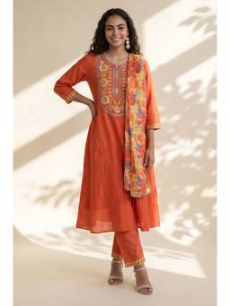 Aurelia - Women’S Orange Thread Embroidered Pure Cotton Straight Kurta with Pant and Dupatta