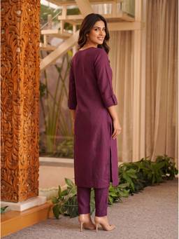 Rangita - Women Wine Embroidered Kurta with Pant