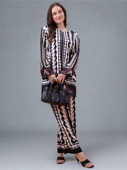 SWI STYLISH - Women's Printed Satin Black Co-Ord Set