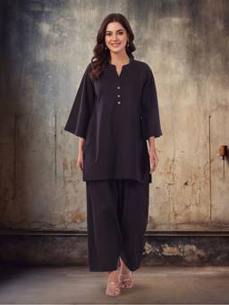 Jaipur Kurti - Solid Cotton Straight Black Kurta with Farshi Pant