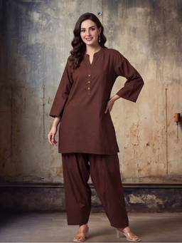 Jaipur Kurti - Solid Cotton Straight Brown Kurta with Farshi Pant