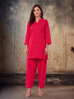 Jaipur Kurti - Solid Cotton Straight Pink Kurta with Farshi Pant