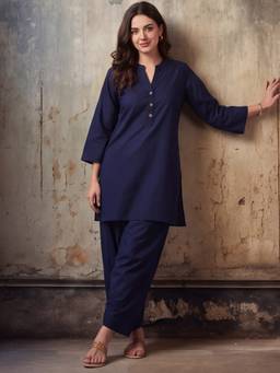 Jaipur Kurti - Solid Cotton Straight Navy Blue Kurta with Farshi Pant