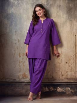 Jaipur Kurti - Solid Cotton Straight Purple Kurta with Farshi Pant