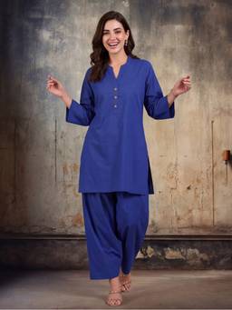 Jaipur Kurti - Solid Cotton Straight Blue Kurta with Farshi Pant