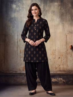 Jaipur Kurti - Printed Straight Pure Cotton Black Kurta with Farshi Pant