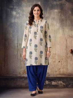 Jaipur Kurti - Printed Straight Pure Cotton Blue Kurta and Farshi Pant