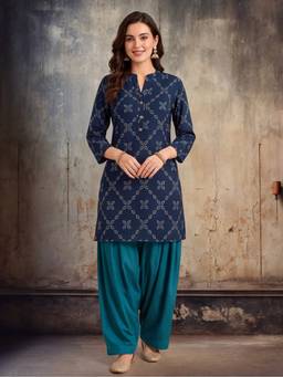 Jaipur Kurti - Printed Straight Pure Cotton Navy Blue Kurta with Farshi Pant