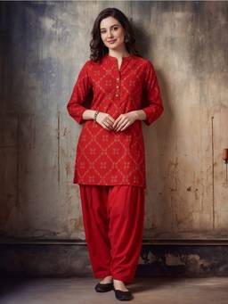 Jaipur Kurti - Printed Straight Pure Cotton Red Kurta with Farshi Pant