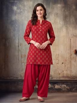 Jaipur Kurti - Printed Straight Pure Cotton Rust Kurta with Farshi Pant