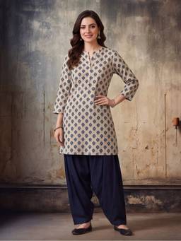 Jaipur Kurti - Printed Straight Pure Cotton Off White Kurta with Farshi Pant