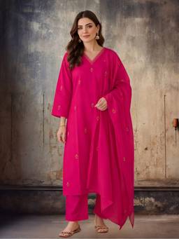 Jaipur Kurti - Women Straight Printed Pure Cotton Pink Kurta with Pant and Dupatta