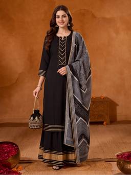 Jaipur Kurti - Embroidered Straight Black Kurta with Skirt and Dupatta