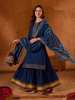 Jaipur Kurti - Embroidered Straight Navy Blue Kurta with Skirt and Dupatta