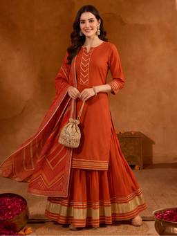Jaipur Kurti - Embroidered Straight Rust Kurta with Skirt and Dupatta