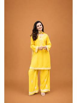 HOUSE OF KARI - Pure Sequin Mul Chanderi Silk Embroidered Yellow Kurta with Pant and Dupatta