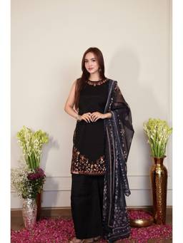 HOUSE OF KARI - Pure Sequin Mul Chanderi Silk Black Kurta with Pant and Dupatta
