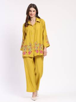 ME & I - Rayon Embroidered Shirt Collar Yellow Co-Ord Set