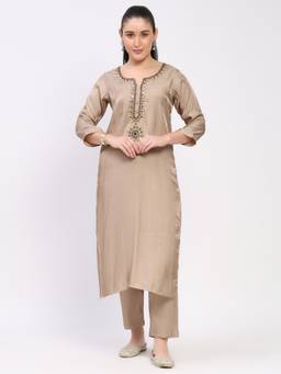 ME & I - Crepe Mirror Work Round Neck Beige Kurta with Pant