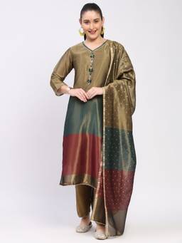 ME & I - Chanderi Colorblocked Embellished V-Neck Multicolor Kurta with Pant and Dupatta