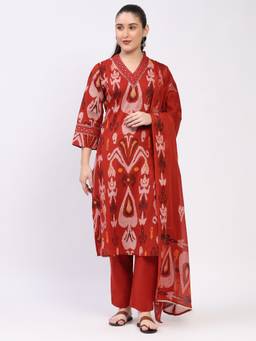 ME & I - Cotton Ikat Embroidered V-Neck Rust Kurta with Pant and Dupatta