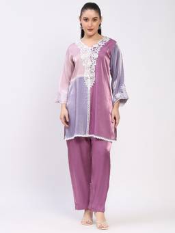 ME & I - Crepe Colorblocked Embroidered V-Neck Multicolor Co-Ord Set