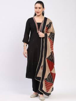 ME & I - Chanderi Embellished V-Neck Black Kurta with Pant and Dupatta