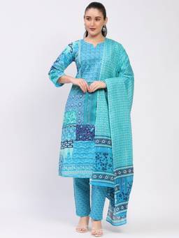 ME & I - Cotton Abstract Print Embellished Blue Kurta with Pant and Dupatta