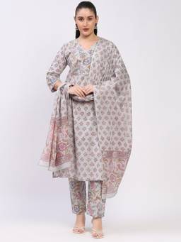 ME & I - Cotton Embellished V-Neck Grey Kurta with Pant and Dupatta