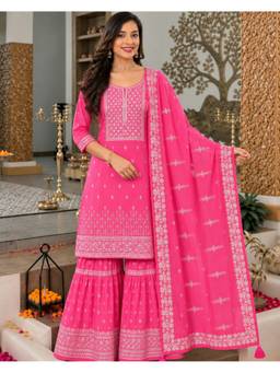 Shaily - Pink Embroidered Kurta with Sharara and Dupatta