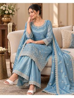 Shaily - Blue Embroidered Kurta with Sharara and Dupatta