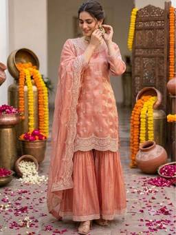 Shaily - Rust Embroidered Kurta with Sharara and Dupatta