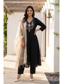 Aurelia - W for Woman Black Sequins Chanderi Flared Kurta with Pant and Dupatta