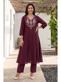 Aurelia - W for Woman Purple Embroidered Chanderi Flared Kurta with Pant